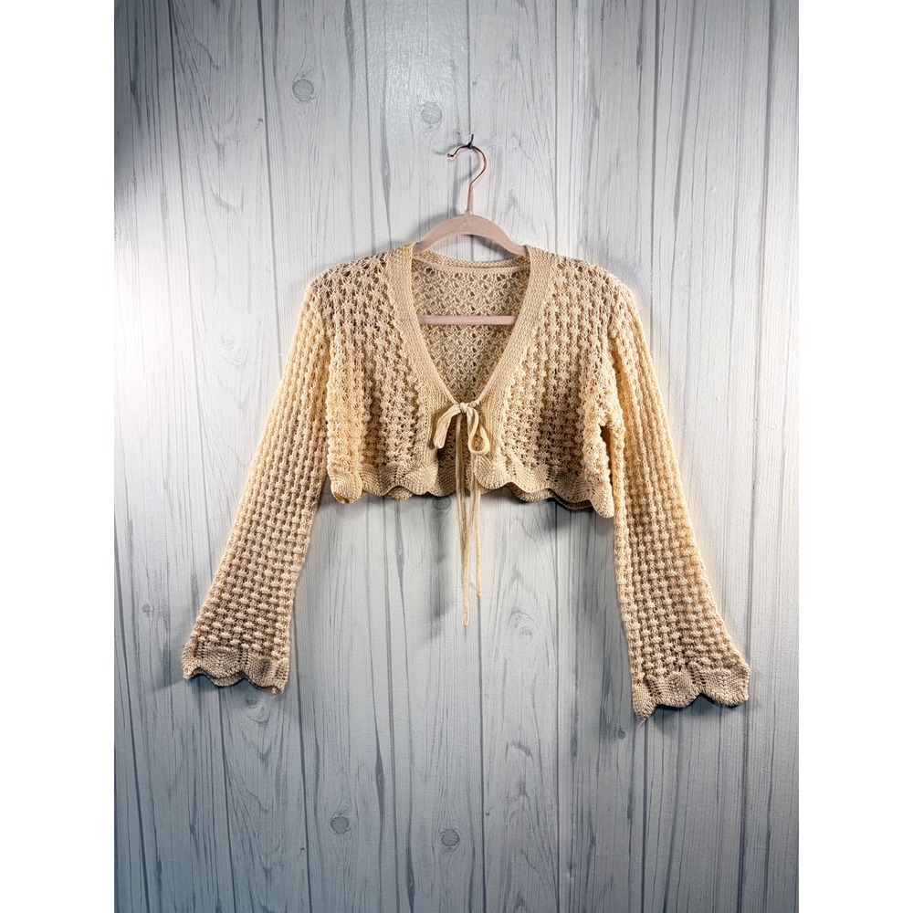 NO LABEL Bohemian Open-Knit Long Flare Sleeve Bolero in Natural/Tan, Tie Front